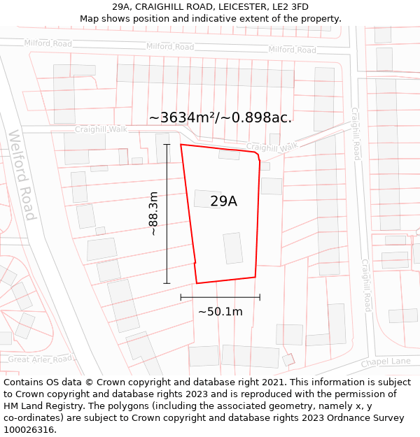 29A, CRAIGHILL ROAD, LEICESTER, LE2 3FD: Plot and title map