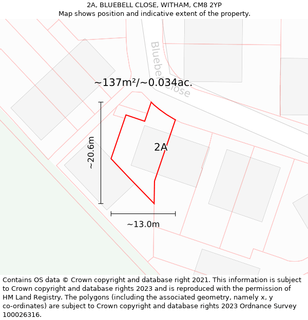 2A, BLUEBELL CLOSE, WITHAM, CM8 2YP: Plot and title map