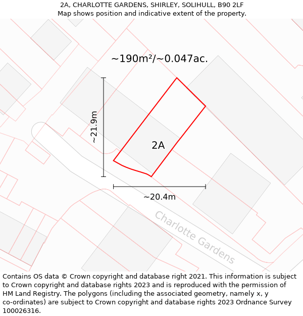 2A, CHARLOTTE GARDENS, SHIRLEY, SOLIHULL, B90 2LF: Plot and title map