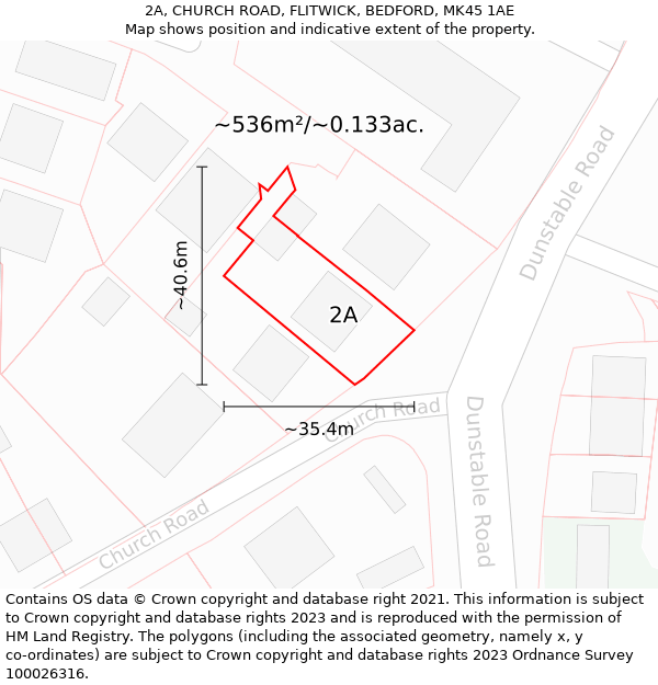 2A, CHURCH ROAD, FLITWICK, BEDFORD, MK45 1AE: Plot and title map