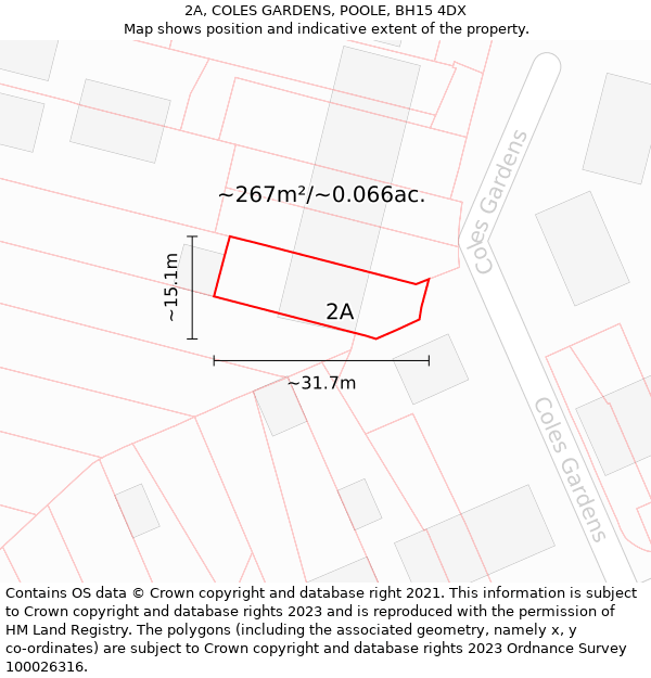 2A, COLES GARDENS, POOLE, BH15 4DX: Plot and title map