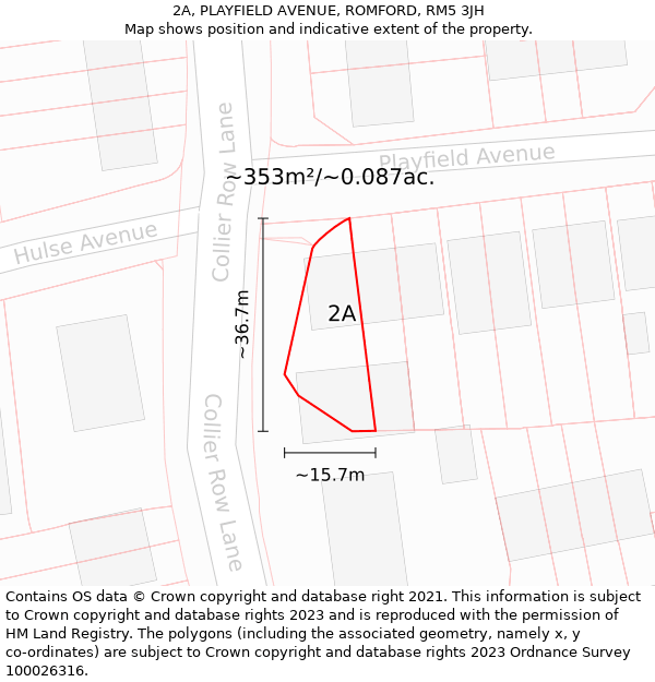 2A, PLAYFIELD AVENUE, ROMFORD, RM5 3JH: Plot and title map