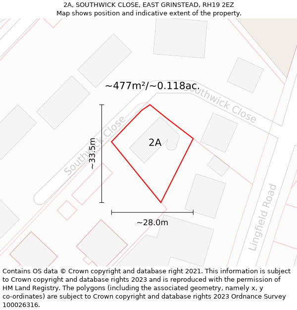 2A, SOUTHWICK CLOSE, EAST GRINSTEAD, RH19 2EZ: Plot and title map