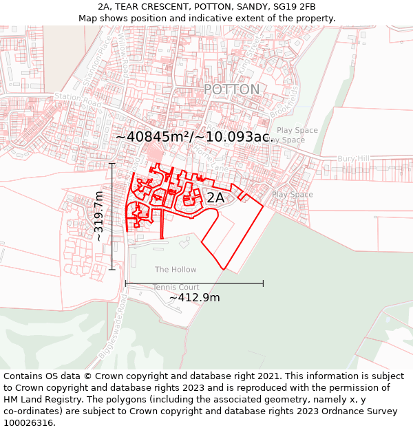 2A, TEAR CRESCENT, POTTON, SANDY, SG19 2FB: Plot and title map