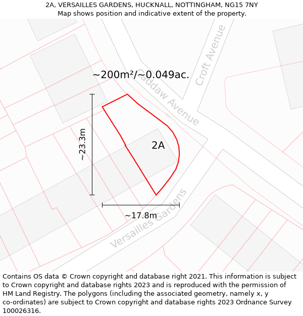 2A, VERSAILLES GARDENS, HUCKNALL, NOTTINGHAM, NG15 7NY: Plot and title map