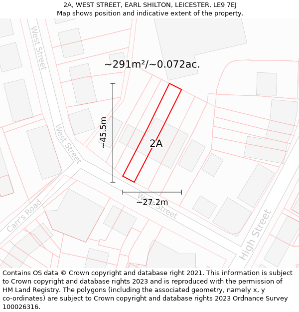 2A, WEST STREET, EARL SHILTON, LEICESTER, LE9 7EJ: Plot and title map