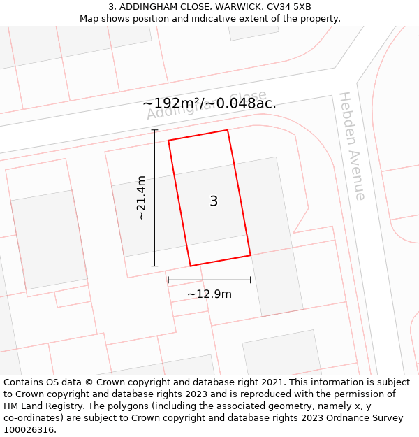 3, ADDINGHAM CLOSE, WARWICK, CV34 5XB: Plot and title map