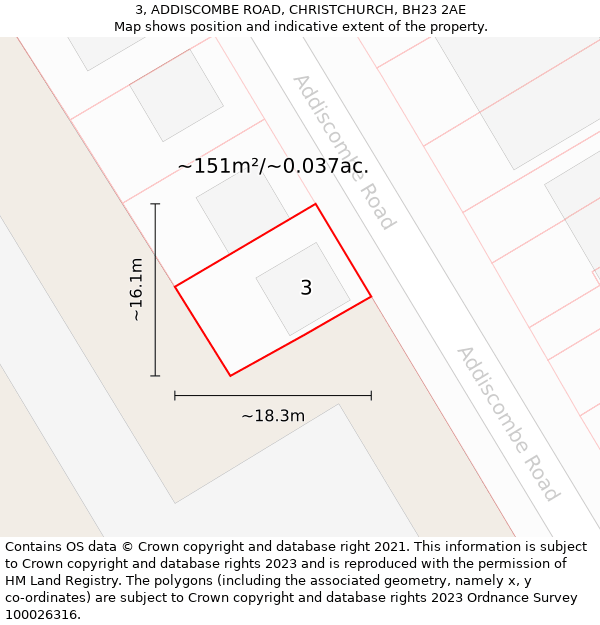 3, ADDISCOMBE ROAD, CHRISTCHURCH, BH23 2AE: Plot and title map