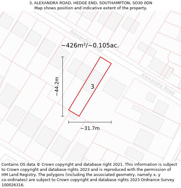 3, ALEXANDRA ROAD, HEDGE END, SOUTHAMPTON, SO30 0DN: Plot and title map