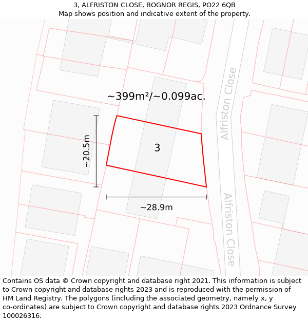 3, ALFRISTON CLOSE, BOGNOR REGIS, PO22 6QB: Plot and title map