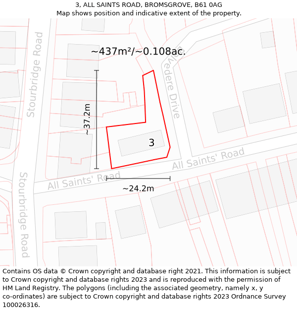 3, ALL SAINTS ROAD, BROMSGROVE, B61 0AG: Plot and title map