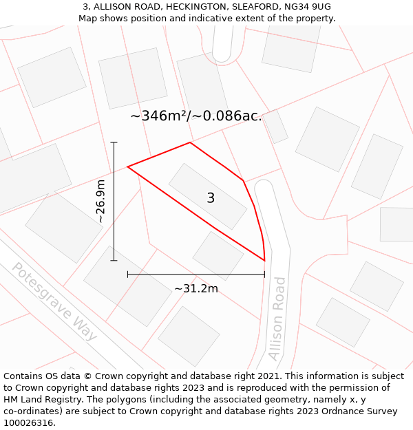 3, ALLISON ROAD, HECKINGTON, SLEAFORD, NG34 9UG: Plot and title map