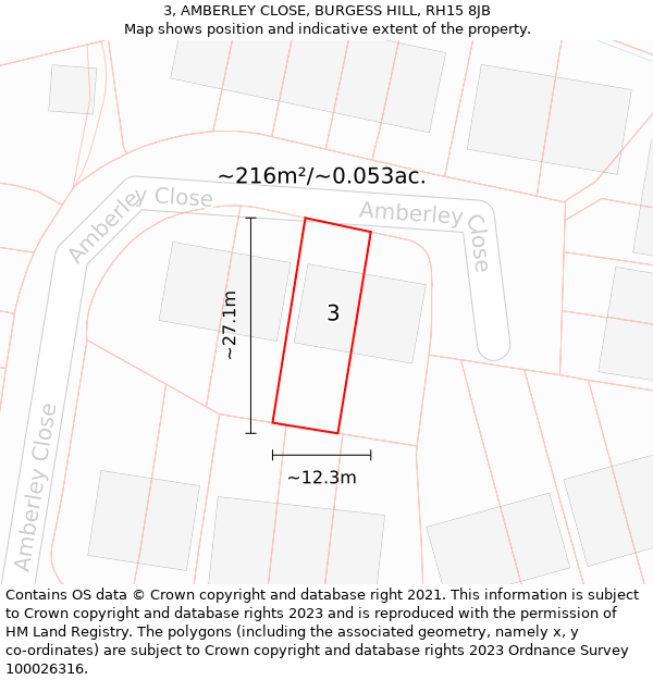 3, AMBERLEY CLOSE, BURGESS HILL, RH15 8JB: Plot and title map