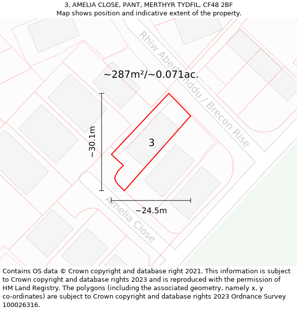 3, AMELIA CLOSE, PANT, MERTHYR TYDFIL, CF48 2BF: Plot and title map