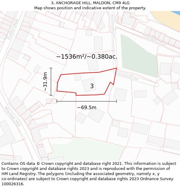 3, ANCHORAGE HILL, MALDON, CM9 4LG: Plot and title map