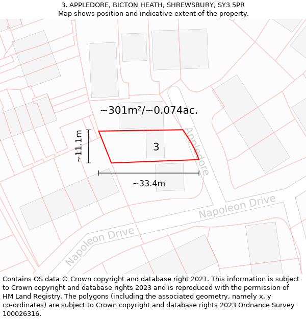 3, APPLEDORE, BICTON HEATH, SHREWSBURY, SY3 5PR: Plot and title map