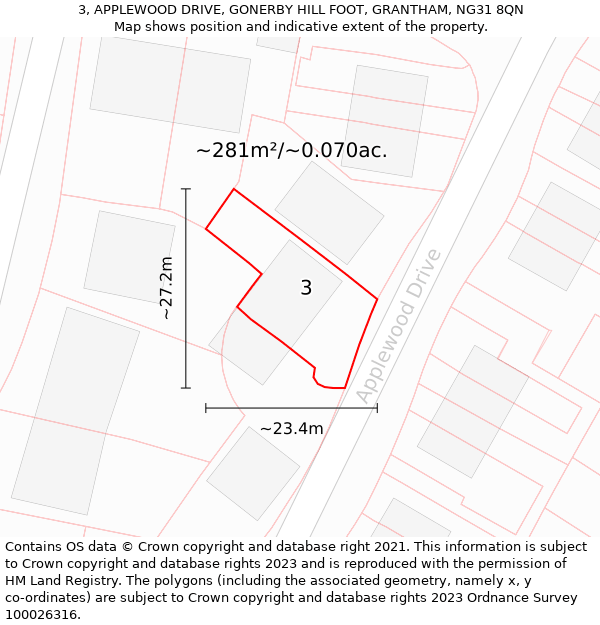 3, APPLEWOOD DRIVE, GONERBY HILL FOOT, GRANTHAM, NG31 8QN: Plot and title map