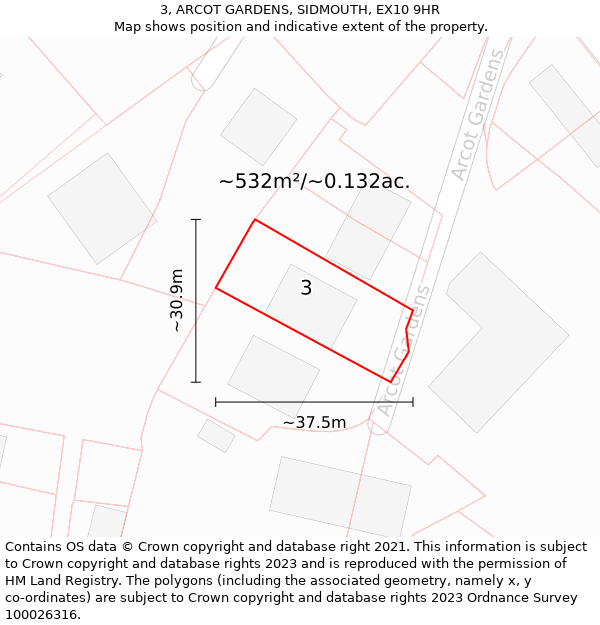 3, ARCOT GARDENS, SIDMOUTH, EX10 9HR: Plot and title map