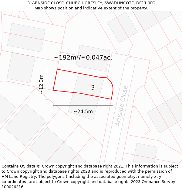3, ARNSIDE CLOSE, CHURCH GRESLEY, SWADLINCOTE, DE11 9FG: Plot and title map