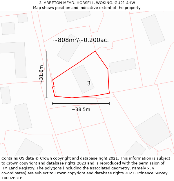 3, ARRETON MEAD, HORSELL, WOKING, GU21 4HW: Plot and title map