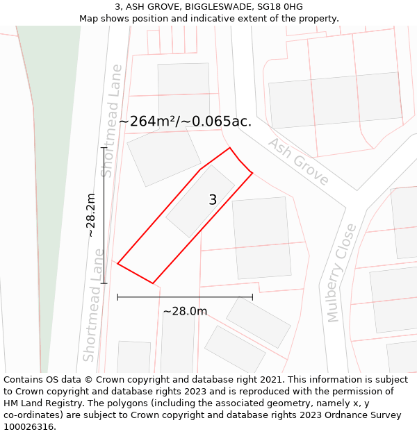 3, ASH GROVE, BIGGLESWADE, SG18 0HG: Plot and title map