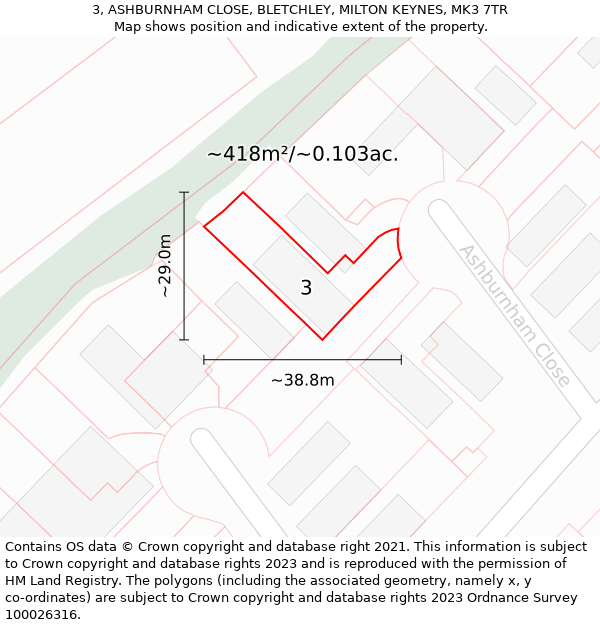 3, ASHBURNHAM CLOSE, BLETCHLEY, MILTON KEYNES, MK3 7TR: Plot and title map