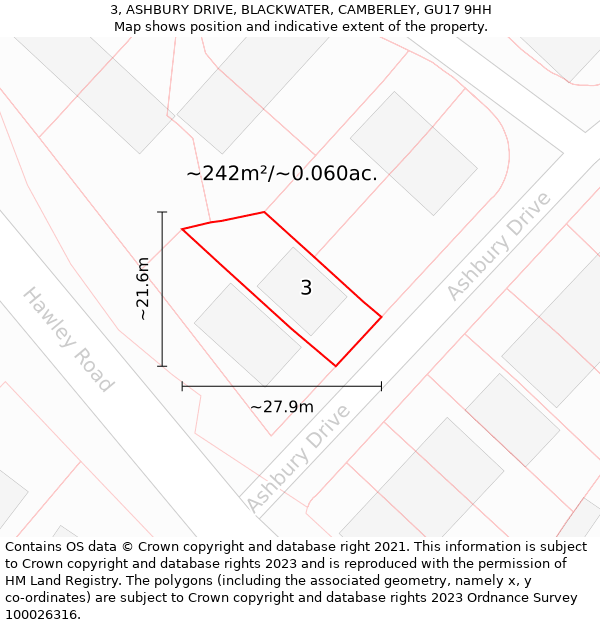 3, ASHBURY DRIVE, BLACKWATER, CAMBERLEY, GU17 9HH: Plot and title map