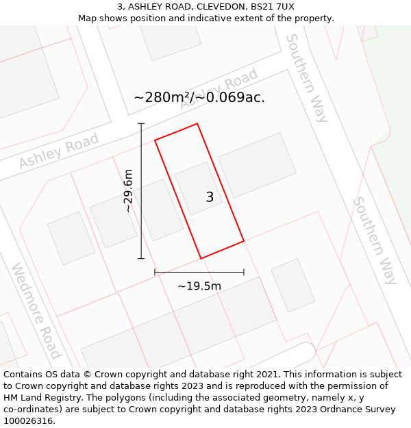 3, ASHLEY ROAD, CLEVEDON, BS21 7UX: Plot and title map