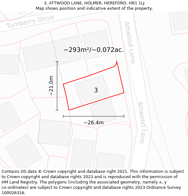 3, ATTWOOD LANE, HOLMER, HEREFORD, HR1 1LJ: Plot and title map