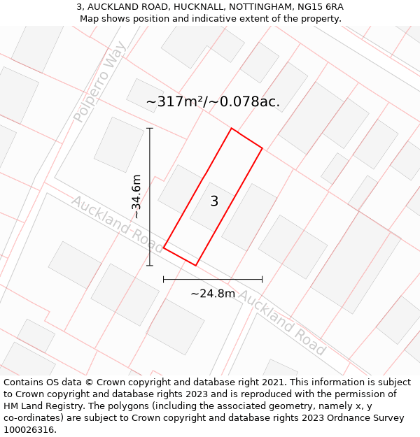 3, AUCKLAND ROAD, HUCKNALL, NOTTINGHAM, NG15 6RA: Plot and title map