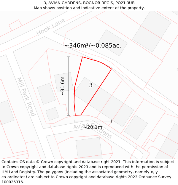 3, AVIAN GARDENS, BOGNOR REGIS, PO21 3UR: Plot and title map