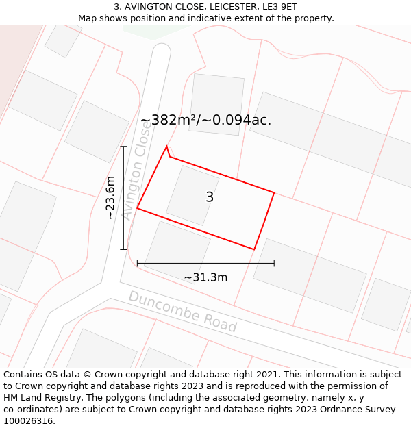 3, AVINGTON CLOSE, LEICESTER, LE3 9ET: Plot and title map