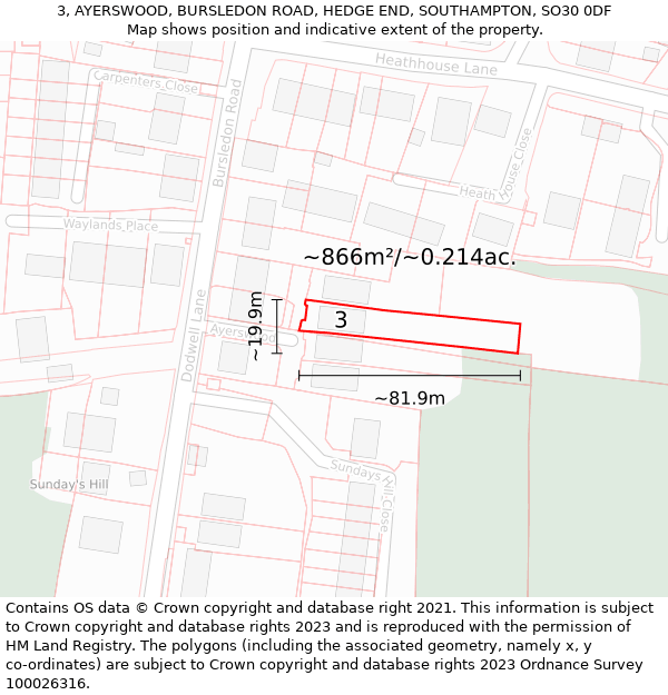 3, AYERSWOOD, BURSLEDON ROAD, HEDGE END, SOUTHAMPTON, SO30 0DF: Plot and title map