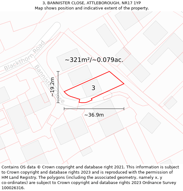 3, BANNISTER CLOSE, ATTLEBOROUGH, NR17 1YP: Plot and title map