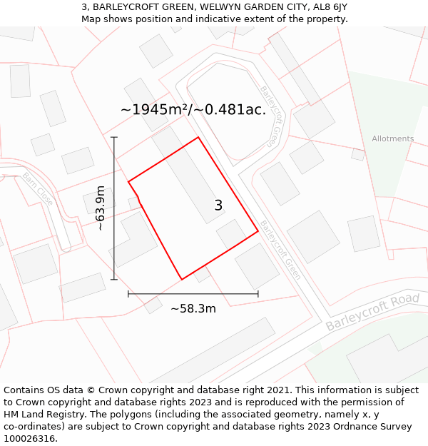 3, BARLEYCROFT GREEN, WELWYN GARDEN CITY, AL8 6JY: Plot and title map