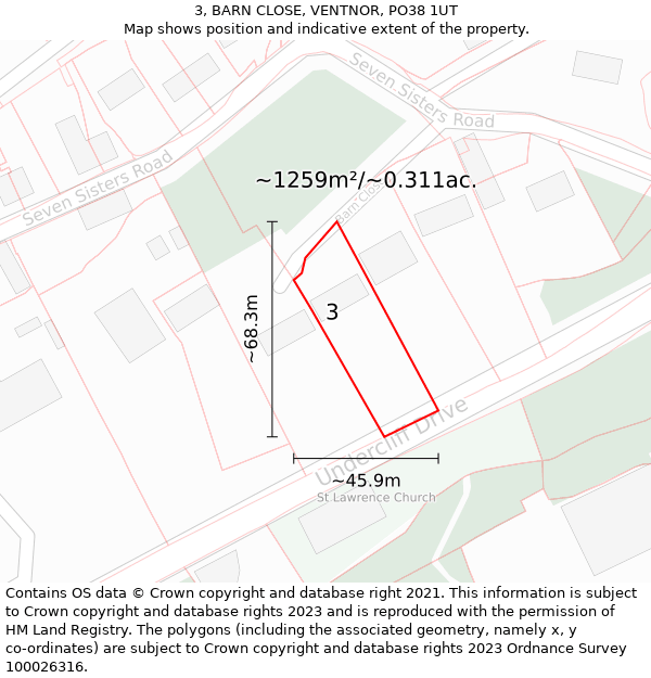 3, BARN CLOSE, VENTNOR, PO38 1UT: Plot and title map