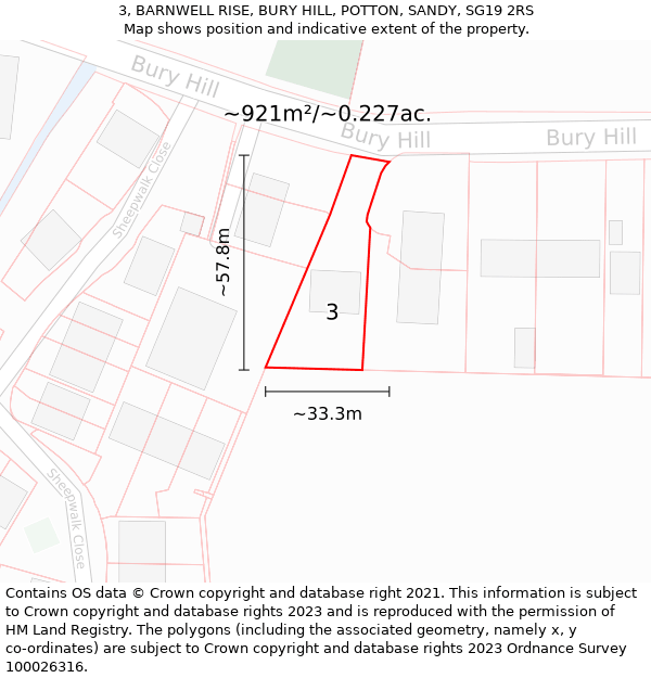 3, BARNWELL RISE, BURY HILL, POTTON, SANDY, SG19 2RS: Plot and title map