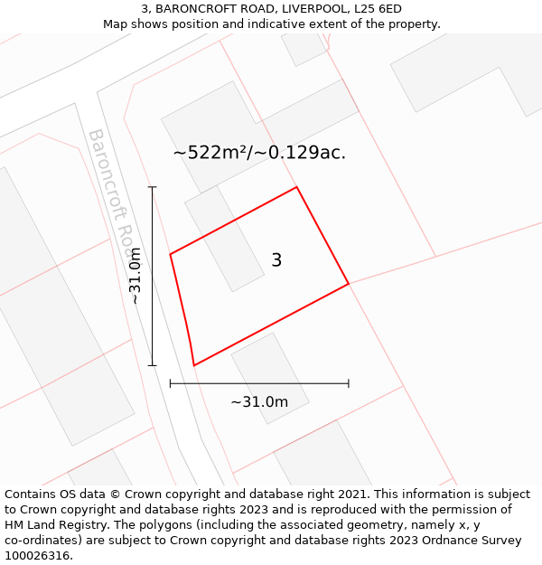 3, BARONCROFT ROAD, LIVERPOOL, L25 6ED: Plot and title map