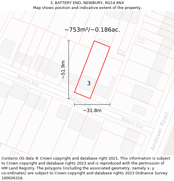 3, BATTERY END, NEWBURY, RG14 6NX: Plot and title map