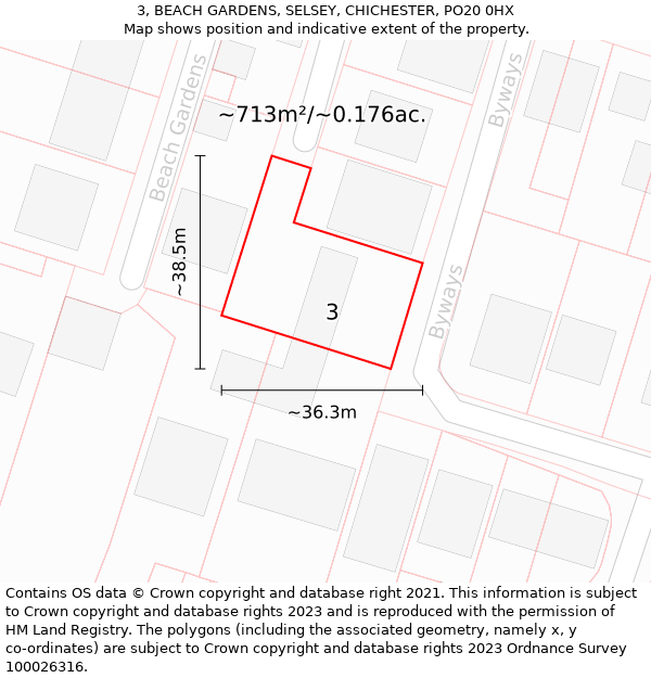 3, BEACH GARDENS, SELSEY, CHICHESTER, PO20 0HX: Plot and title map