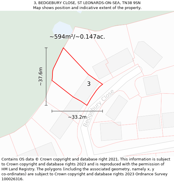 3, BEDGEBURY CLOSE, ST LEONARDS-ON-SEA, TN38 9SN: Plot and title map