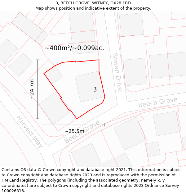 3, BEECH GROVE, WITNEY, OX28 1BD: Plot and title map