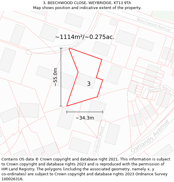 3, BEECHWOOD CLOSE, WEYBRIDGE, KT13 9TA: Plot and title map