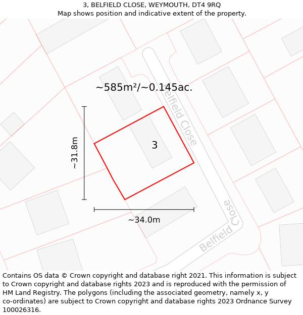 3, BELFIELD CLOSE, WEYMOUTH, DT4 9RQ: Plot and title map