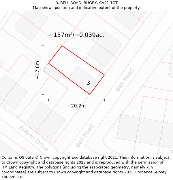 3, BELL ROAD, RUGBY, CV21 1GT: Plot and title map