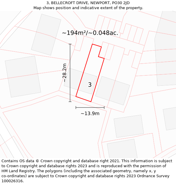 3, BELLECROFT DRIVE, NEWPORT, PO30 2JD: Plot and title map