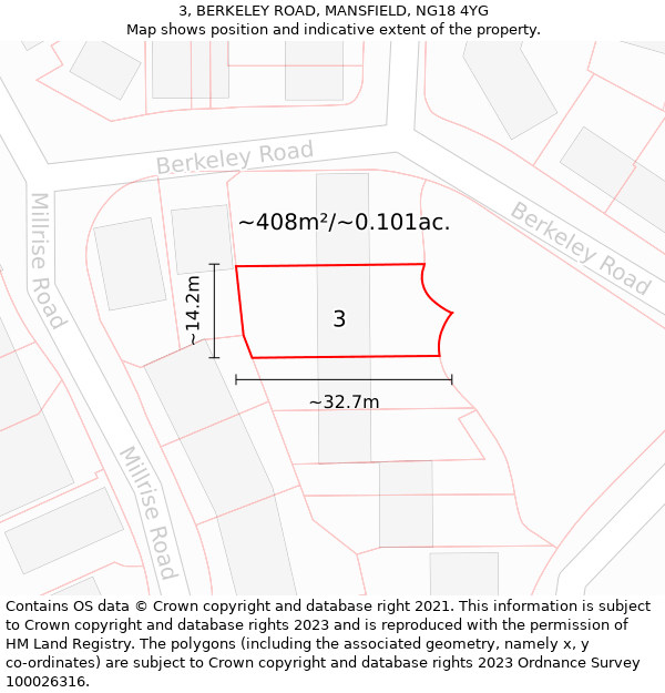 3, BERKELEY ROAD, MANSFIELD, NG18 4YG: Plot and title map