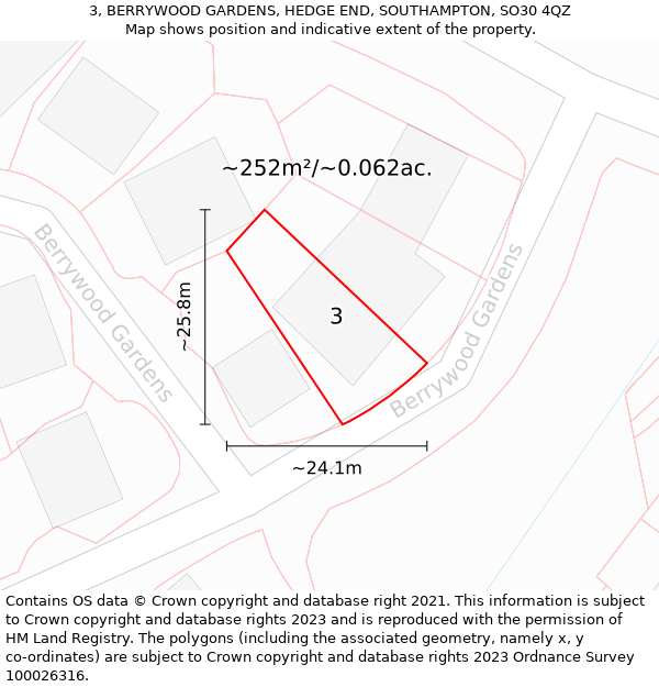 3, BERRYWOOD GARDENS, HEDGE END, SOUTHAMPTON, SO30 4QZ: Plot and title map