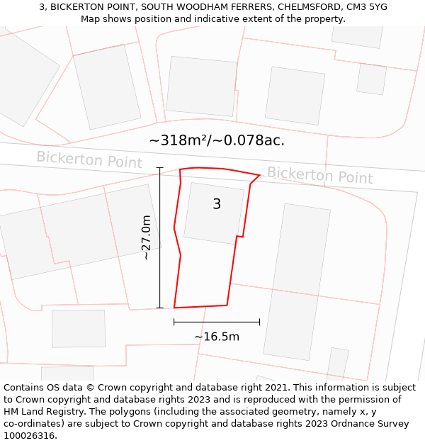 3, BICKERTON POINT, SOUTH WOODHAM FERRERS, CHELMSFORD, CM3 5YG: Plot and title map