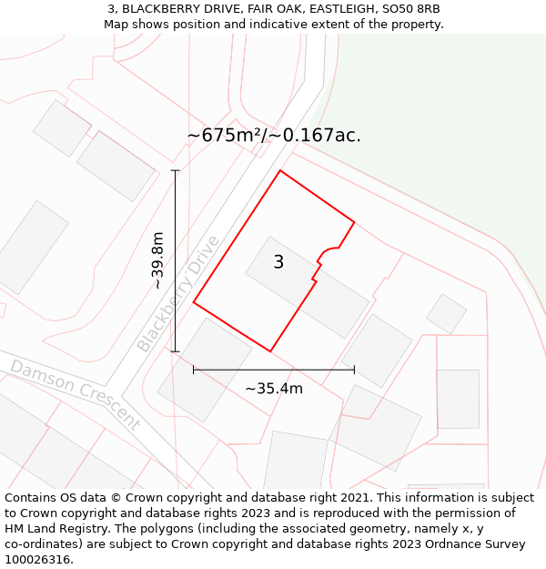 3, BLACKBERRY DRIVE, FAIR OAK, EASTLEIGH, SO50 8RB: Plot and title map